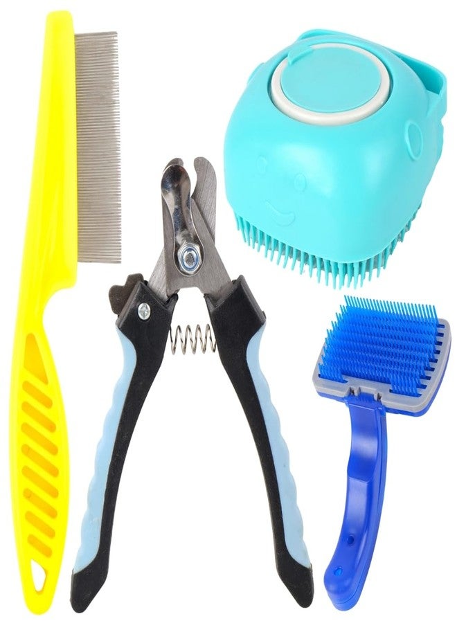 مجموعة أدوات العناية بالحيوانات الأليفة تتضمن مقص أظافر للكلاب، وفرشاة، ومشط، مجموعة من 4 قطع، باللونين الأزرق والأصفر (عبوة من 4 قطع) - Image 1